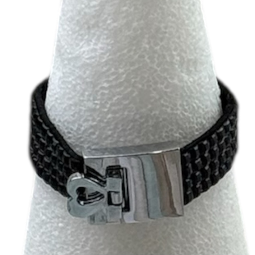 Black Woven Bracelet Silver‎ Heart Clasp Adjustable Women’s Stackable Fashion